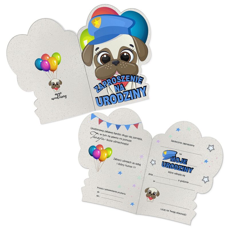 Zaproszenia urodzinowe mops chłopiec 63231 Zaproszenia ślubne