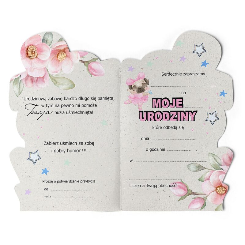 Zaproszenia urodzinowe mops dziewczynka 63233 Zaproszenia ślubne